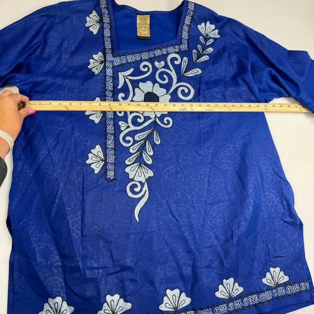Meetu Magic Floral Embroidered Tunic Top Womens Os Blue 3/4 Sleeve - Picture 4 of 9